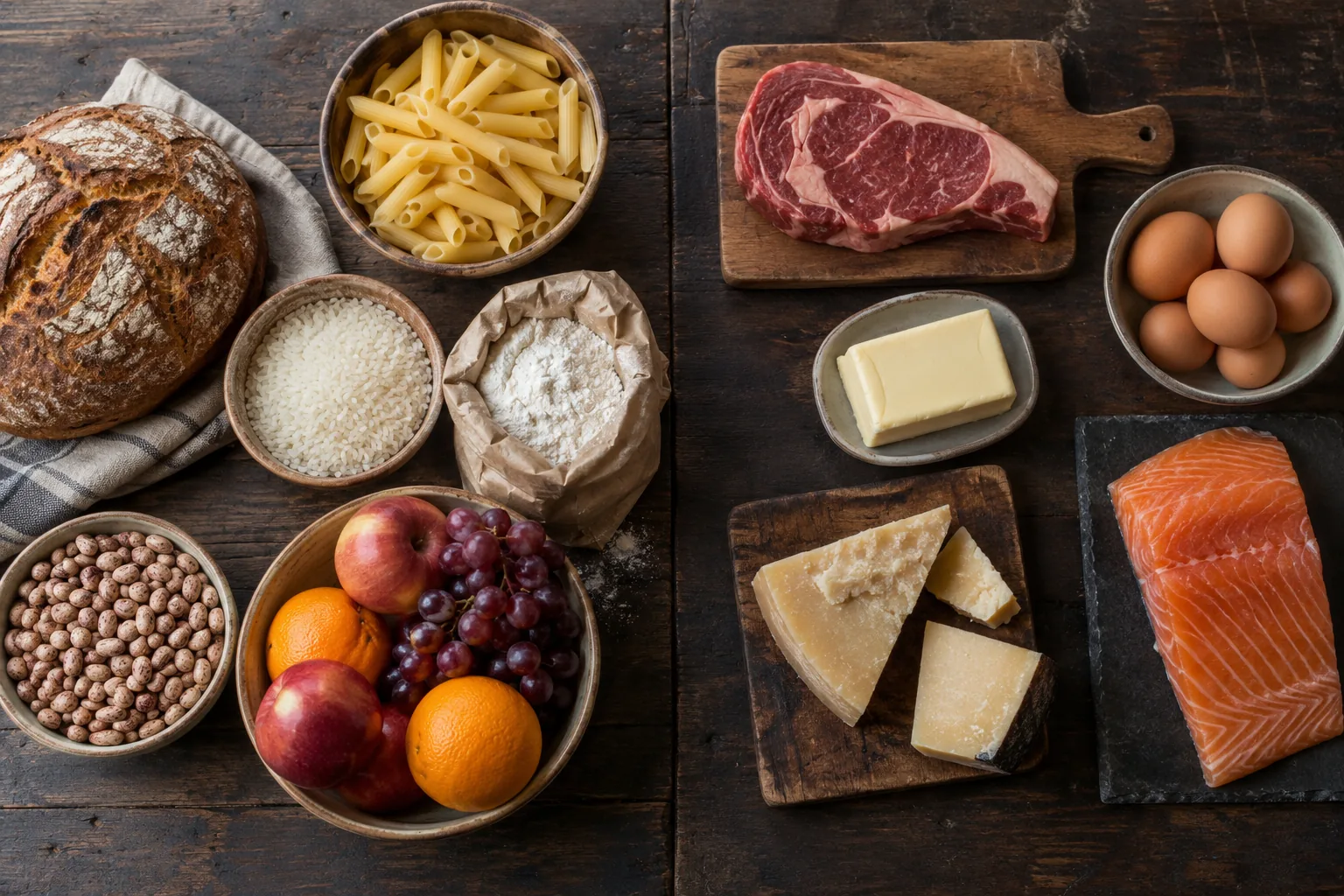 Due gruppi di alimenti su un tavolo di legno: a sinistra pane, pasta, riso, farina, legumi e frutta; a destra carne, uova, burro, formaggio e salmone